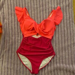 Elegant Women's One-Piece Swimsuit - Red and Pink